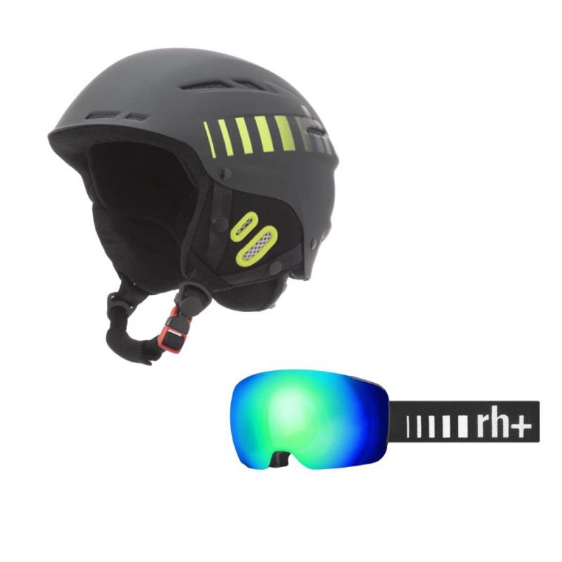 PACK CASCO RH+ RIDER COLOR NEGRO-AMARILLO Y MASCARA RH+ GOTHA AZUL (XS-M)